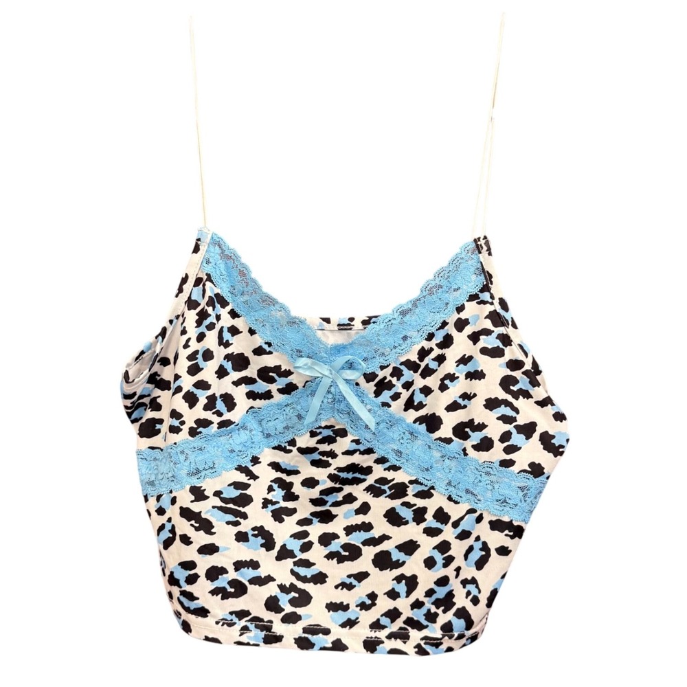 Leopard Print Cami Crop Top Blue Lace Trim Sleeveless Tank Cute Size Small‎
